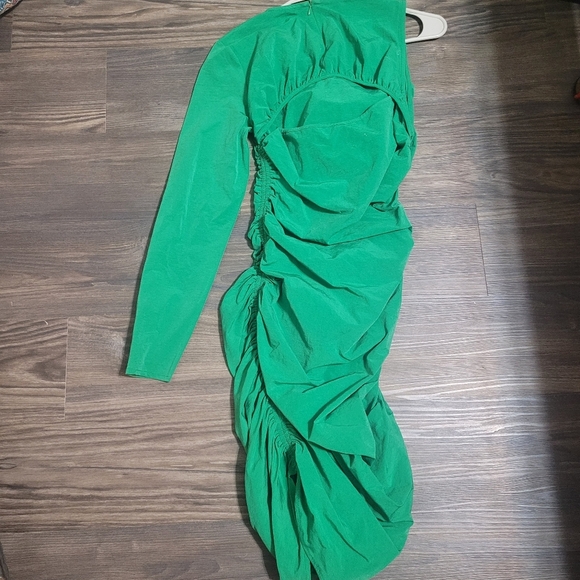 Zara Green Ruched One Sleeve Dress Size S Kelly Green Bodycon Edgy - Picture 7 of 7